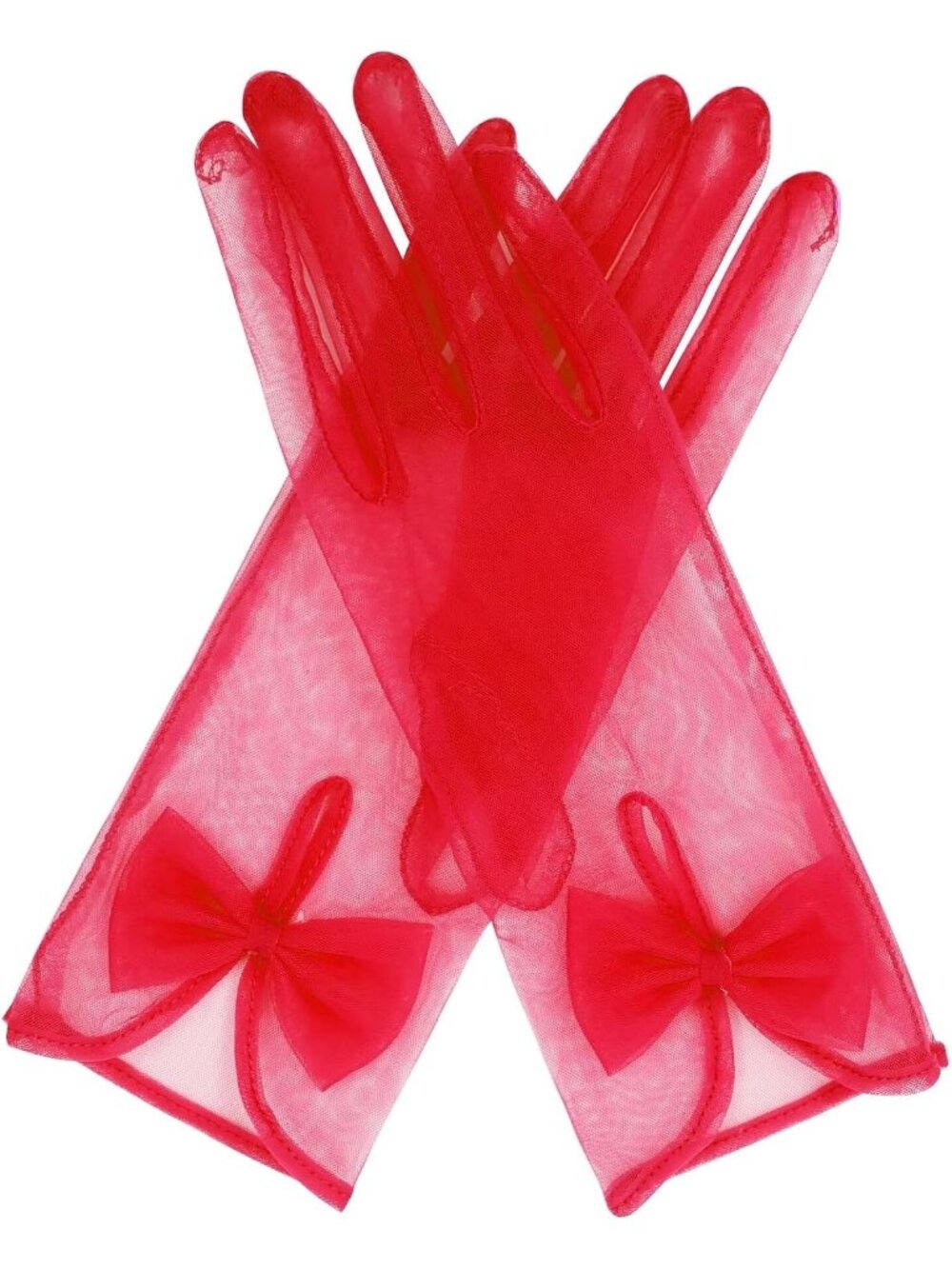 Women's Red Wrist Length Vintage Stretchy 1920s Flapper Look Tulle Mesh Gloves